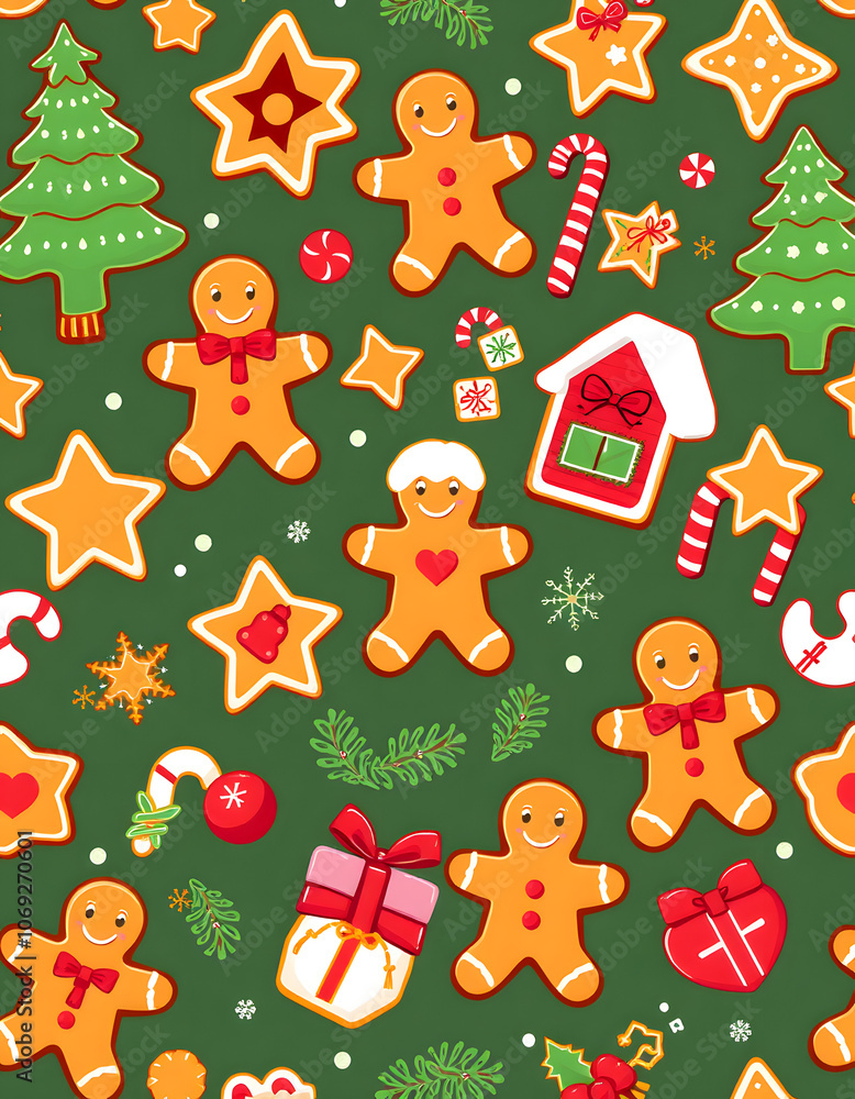 Fototapeta premium Vector Christmas seamless pattern with gingerbread cookies. Festive baking for winter holidays. Gingerbread men and Christmas tree, star, bell, house, cane, heart, ball, crescent, present, mistletoe