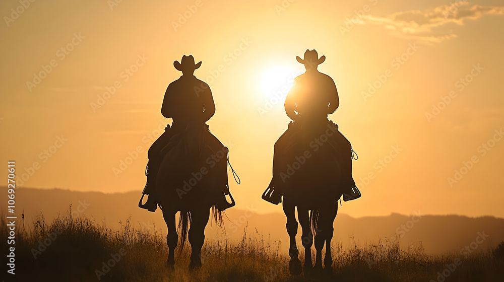 A duo of cowboys on horseback, riding into the sunset, silhouettes against the fading light. Simplified Western drama.
A duo of cowboys on horseback, riding into the sunset, silhouettes against the fading light. Simplified Western drama.