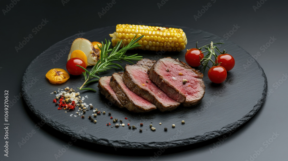 Grilled Steak with Vegetables on Slate Plate Grilled Steak with Vegetables on Slate Plate