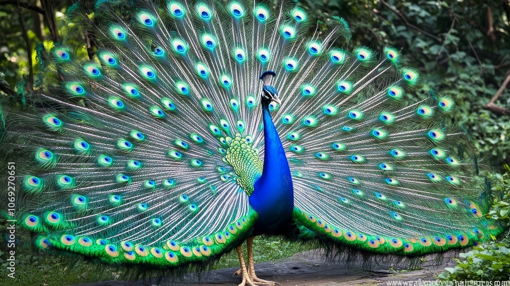 Obraz premium A vibrant peacock flaunts its magnificent feathered fan in full display, showcasing a stunning array of colors and patterns, symbolizing beauty and admiration.