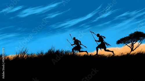 Two Zulu warriors sprinting across a savanna, spears raised and ready for battle. Clean silhouettes against a vast, minimalist backdrop.