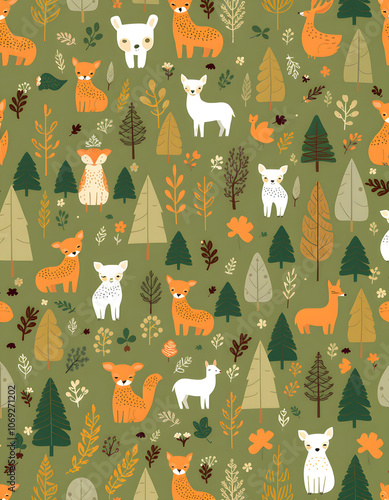 Seamless vector pattern with cute woodland animals, trees and leaves. Scandinavian woodland illustration. Perfect for textile, wallpaper or print design, isometry photo