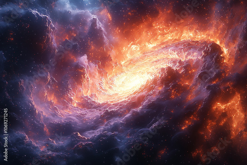 radiant red and cosmic purple mingle in a celestial dance within a fiery galaxy, symbolizing the chaos of creation