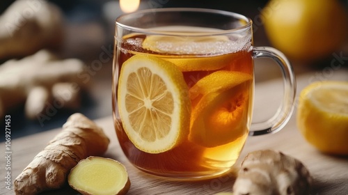 Detox tea with slices of lemon and ginger in clear mug