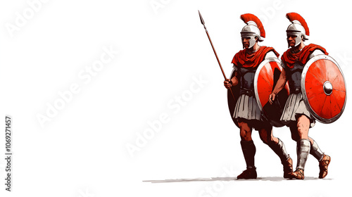 A pair of Roman legionaries marching in formation, shields and spears raised. Clean lines, emphasizing their unity.


