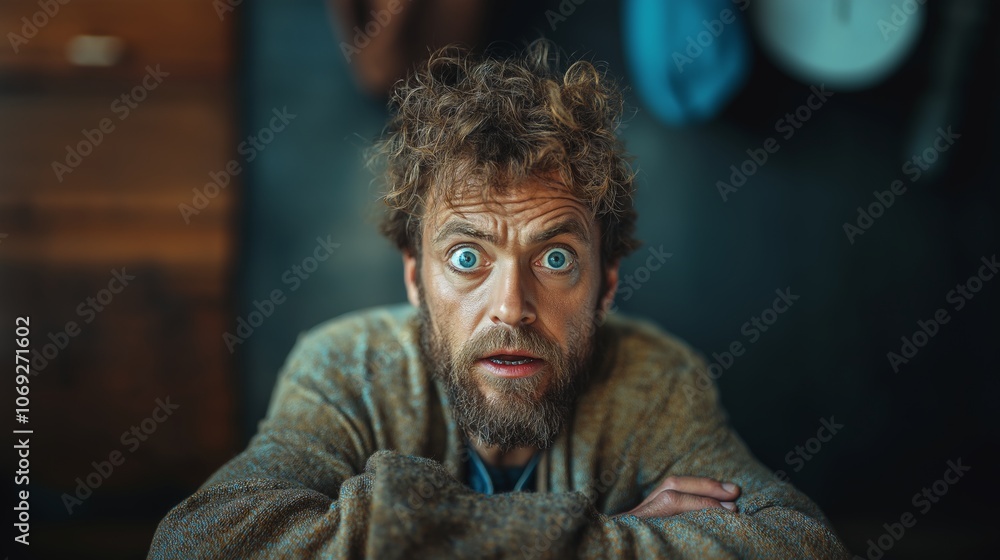 Portrait of a Homeless Man with Intense Blue Eyes and a Shocked Expression Portrait of a Homeless Man with Intense Blue Eyes and a Shocked Expression