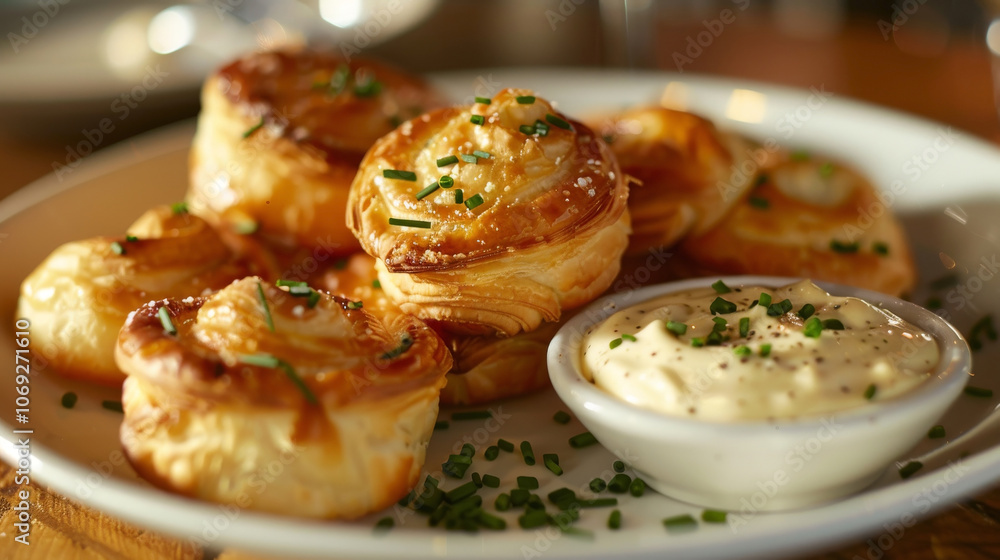 Mini escargot puff pastries with garlic aioli and chopped chives, evoking a casual yet sophisticated atmosphere. Mini escargot puff pastries with garlic aioli and chopped chives, evoking a casual yet sophisticated atmosphere.