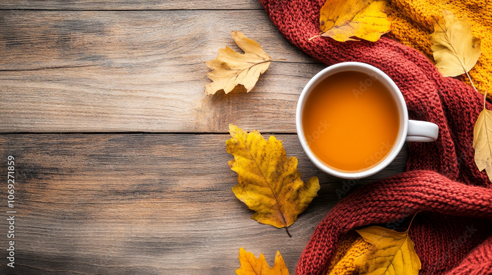 A flat lay composition featuring a cup of a hot drink, such as coffee or tea, placed on a rustic wooden table surrounded by colorful autumn leaves. A flat lay composition featuring a cup of a hot drink, such as coffee or tea, placed on a rustic wooden table surrounded by colorful autumn leaves.