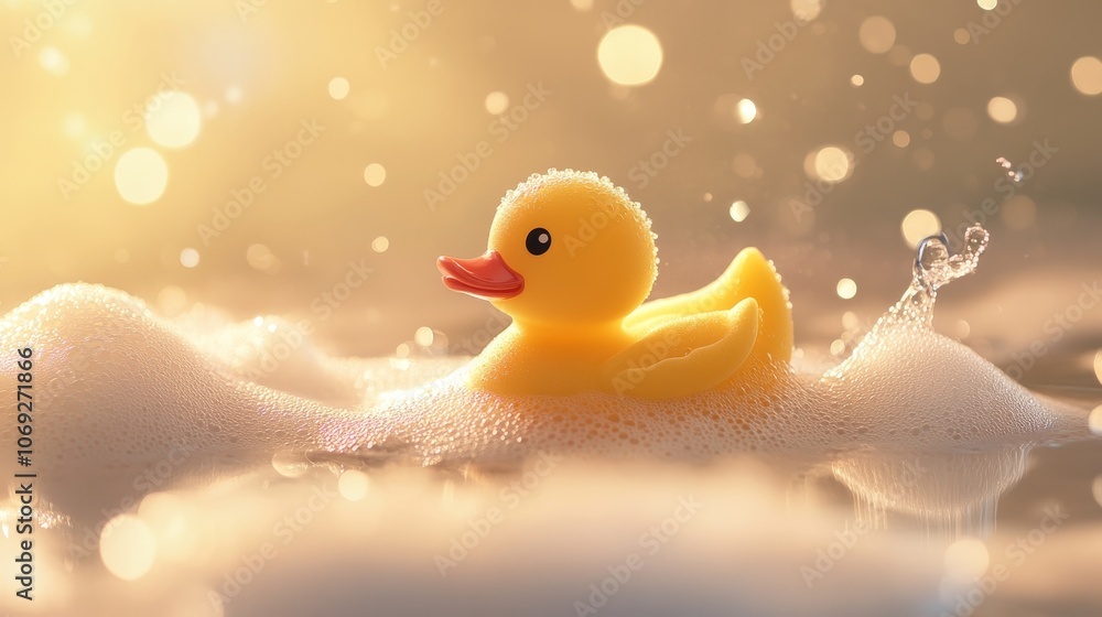 A cute yellow rubber duck floats serenely in a bath filled with bubbles, portraying simplicity, tranquility, and childhood joy amid a cozy, warm ambiance. A cute yellow rubber duck floats serenely in a bath filled with bubbles, portraying simplicity, tranquility, and childhood joy amid a cozy, warm ambiance.