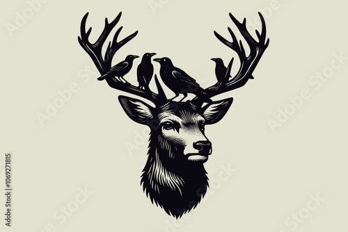 Majestic deer with ravens perched on its antlers. Old vintage engraving illustration. Hand drawn outline graphic. Logo, emblem, icon. Isolated object, cut out. black and white. tattoo, print	