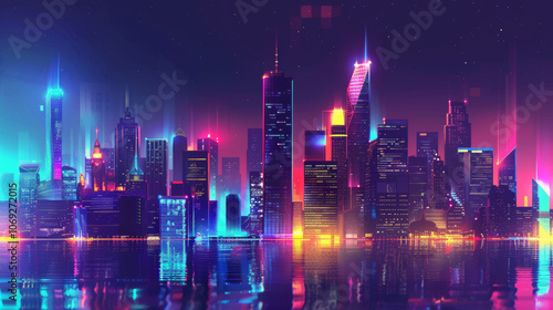 A city skyline is lit up in neon colors, creating a vibrant