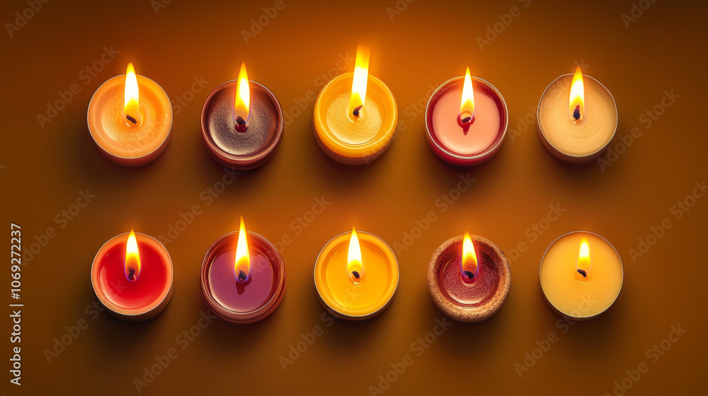 A set of tea candles arranged in a tabletop view, showcasing different stages of burning and flame shapes. Each candle emits a unique glow, with some having a steady flame, others flickering gently, A set of tea candles arranged in a tabletop view, showcasing different stages of burning and flame shapes. Each candle emits a unique glow, with some having a steady flame, others flickering gently,