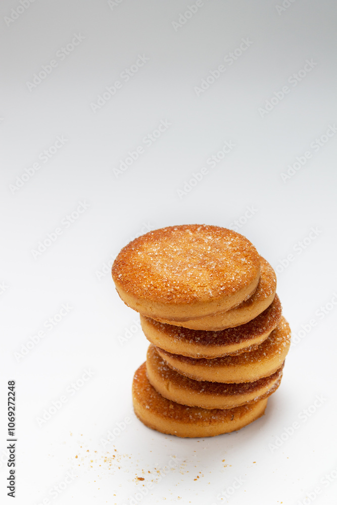 stack of round, sugar cookies on white background, copy space stack of round, sugar cookies on white background, copy space