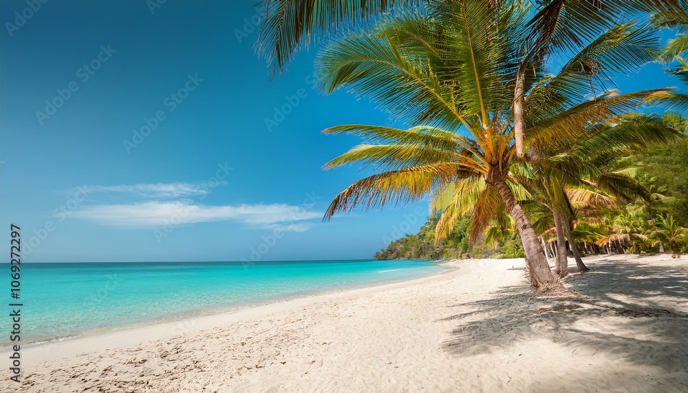 Beautiful tropical beach with palm trees, sunset beach seascape, design template for travel banner. Beautiful tropical beach with palm trees, sunset beach seascape, design template for travel banner.