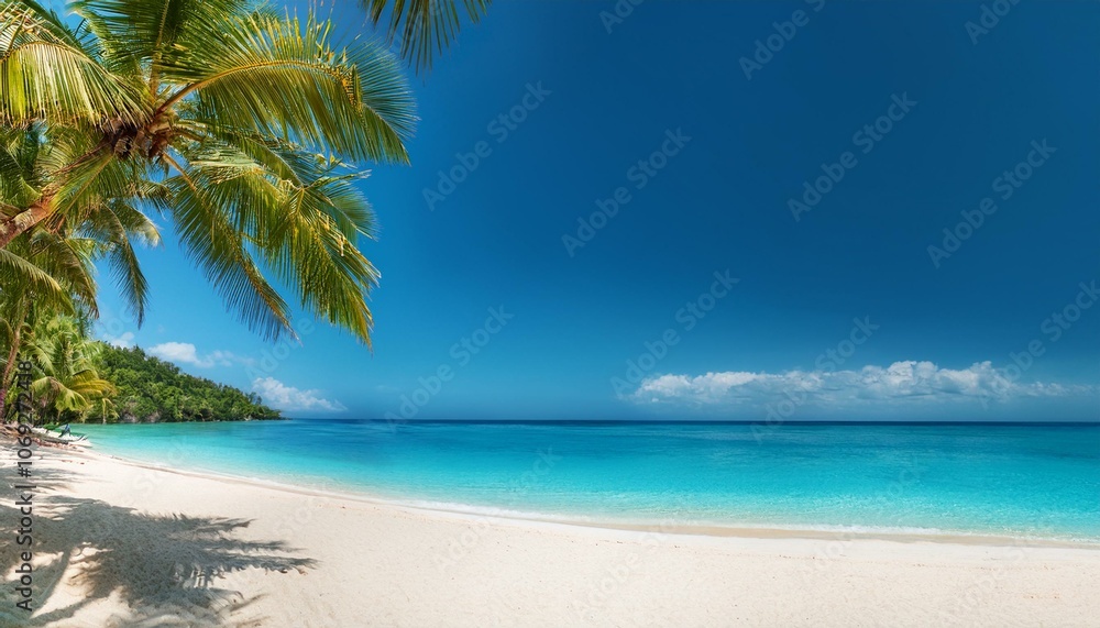 Beautiful tropical beach with palm trees, sunset beach seascape, design template for travel banner. Beautiful tropical beach with palm trees, sunset beach seascape, design template for travel banner.