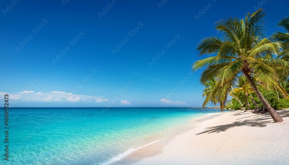 Beautiful tropical beach with palm trees, sunset beach seascape, design template for travel banner. Beautiful tropical beach with palm trees, sunset beach seascape, design template for travel banner.