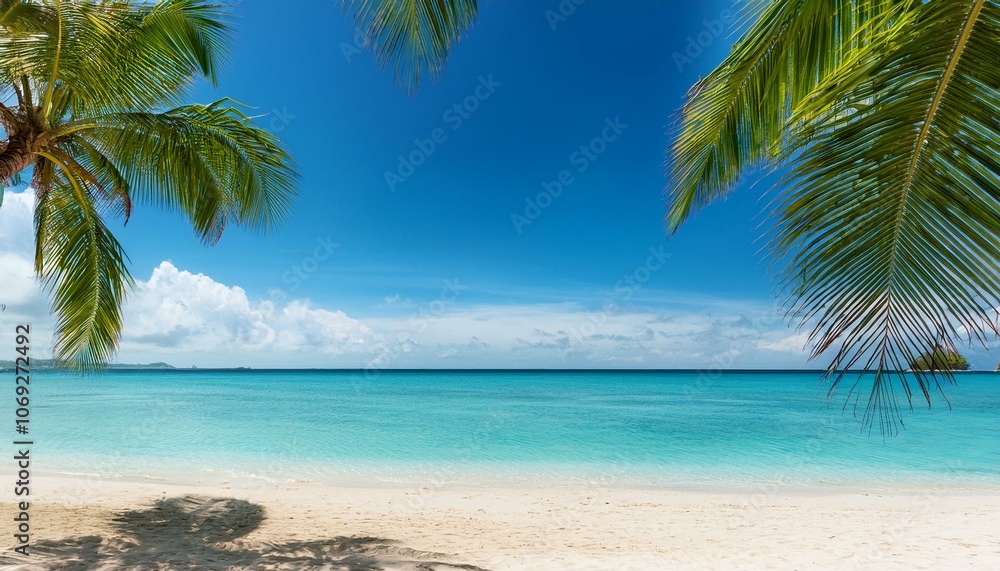 Beautiful tropical beach with palm trees, sunset beach seascape, design template for travel banner. Beautiful tropical beach with palm trees, sunset beach seascape, design template for travel banner.