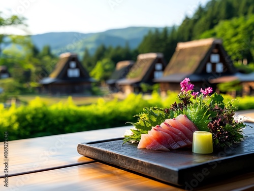 Yuzu marinated hamachi sashimi with a matcha jelly dessert on the side photo