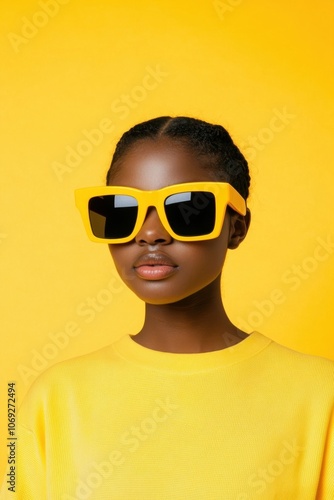 Stylish person wearing bright yellow sunglasses against a vibrant yellow background