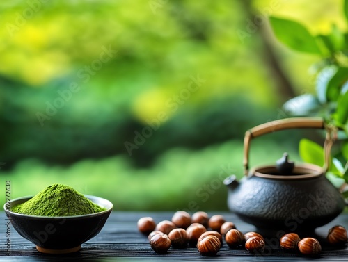 Chestnut yokan with roasted green tea powder, arranged beside Kyoto s ancient Kiyomizudera Temple, ultrarealistic earthy richness with historical depth photo