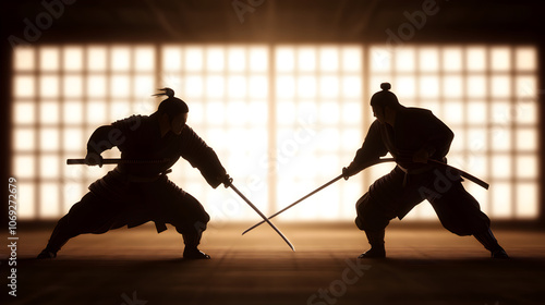 A pair of samurai in traditional armor, practicing their sword techniques in a minimalist dojo. Focus on movement and form.