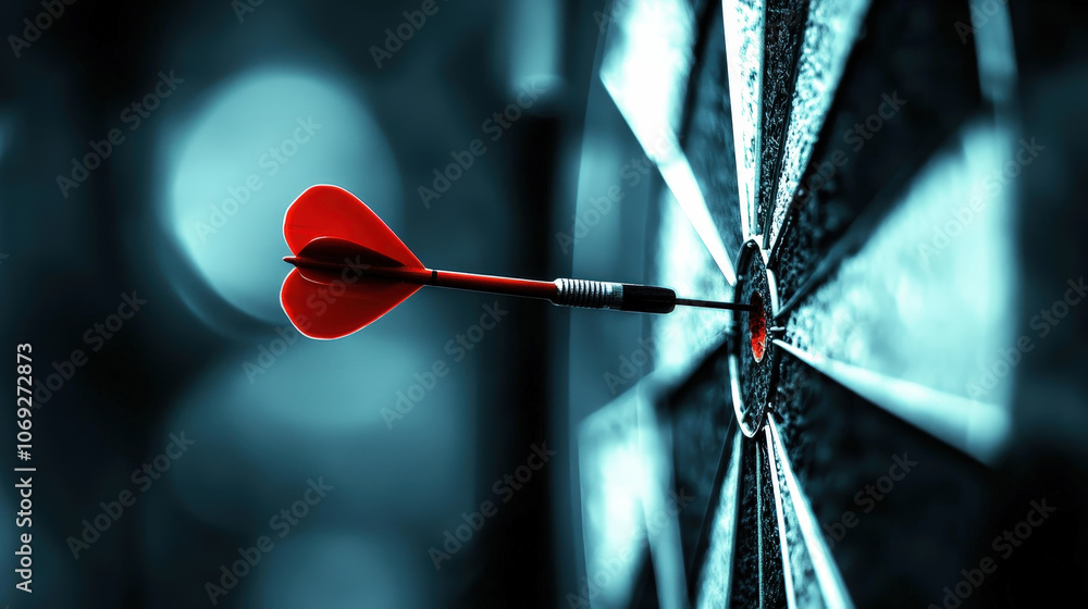 Dart Hitting Bullseye on Dartboard in Low Light Dart Hitting Bullseye on Dartboard in Low Light