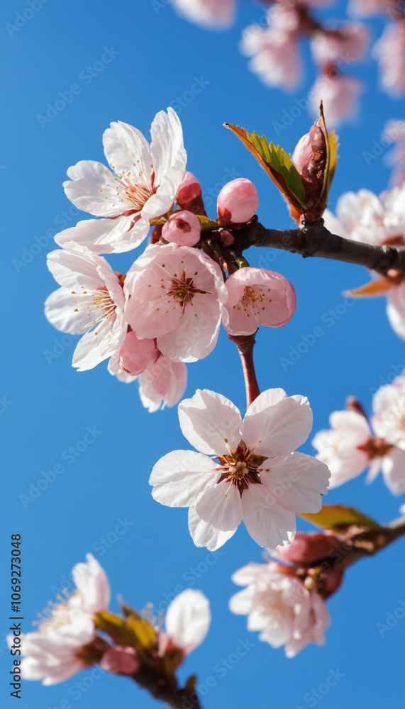 close-up of blooming cherry blossoms against a bright blue sky, springtime freshness, beauty close-up of blooming cherry blossoms against a bright blue sky, springtime freshness, beauty