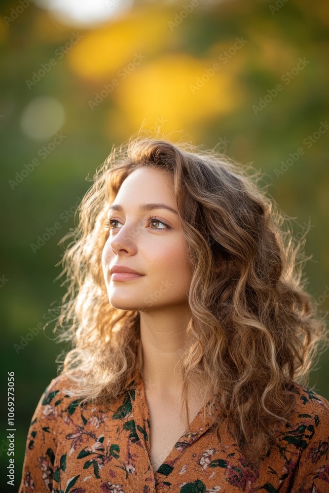 Thoughtful young woman with curly hair and floral blouse in nature Thoughtful young woman with curly hair and floral blouse in nature