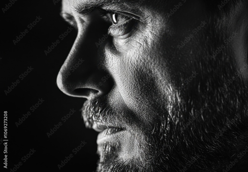 Obraz premium Close-up black and white portrait of a pensive man with a beard