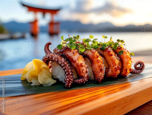 Octopus nigiri with yuzu and micro greens, displayed on a cedar plank with views of the ancient Itsukushima Shrine s floating Torii, ultrarealistic ethereal atmosphere photo