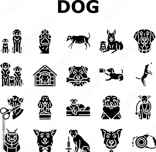 dog breeding genetics pedigree icons set vector. temperament health, nutrition training, socialization whelping, kennel lineage dog breeding genetics pedigree glyph pictogram Illustrations