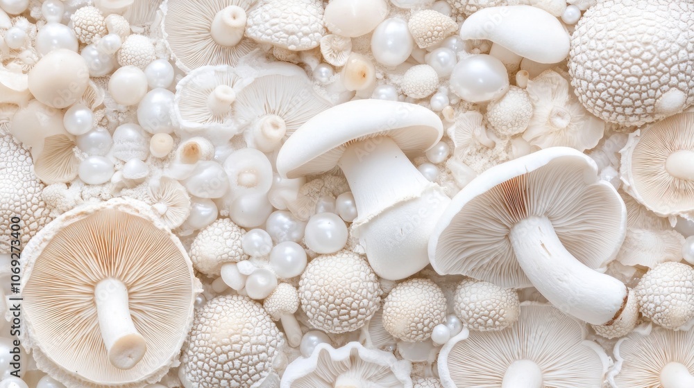 A collection of white mushrooms and pearls arranged artistically. A collection of white mushrooms and pearls arranged artistically.