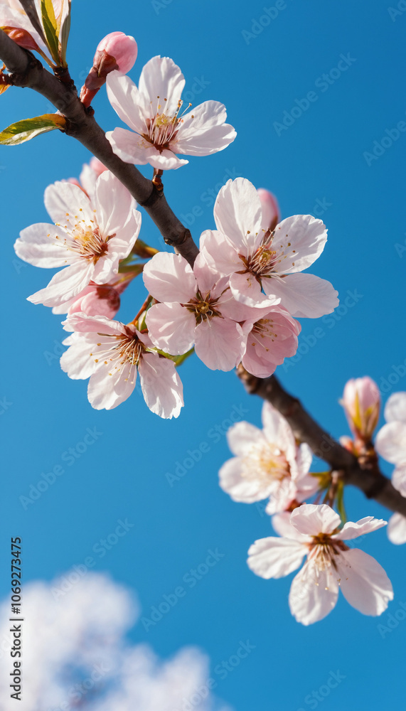 close-up of blooming cherry blossoms against a bright blue sky, springtime freshness, beauty close-up of blooming cherry blossoms against a bright blue sky, springtime freshness, beauty