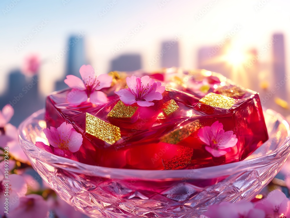 Sakura flavored gelatin with gold flakes in a crystal bowl, Roppongi Hills skyscrapers shining under a clear sky, ultrarealistic modern charm with floral delicacy Sakura flavored gelatin with gold flakes in a crystal bowl, Roppongi Hills skyscrapers shining under a clear sky, ultrarealistic modern charm with floral delicacy