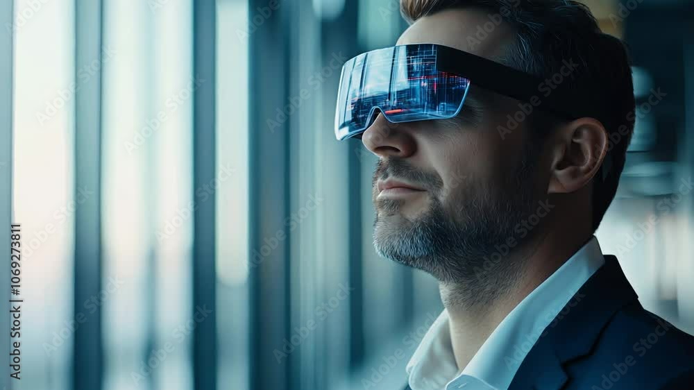 Futuristic Businessman Using Augmented Reality Glasses in Modern Office Futuristic Businessman Using Augmented Reality Glasses in Modern Office