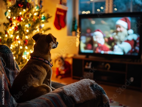 A dog sits in front of a TV, watching a Christmas movie.