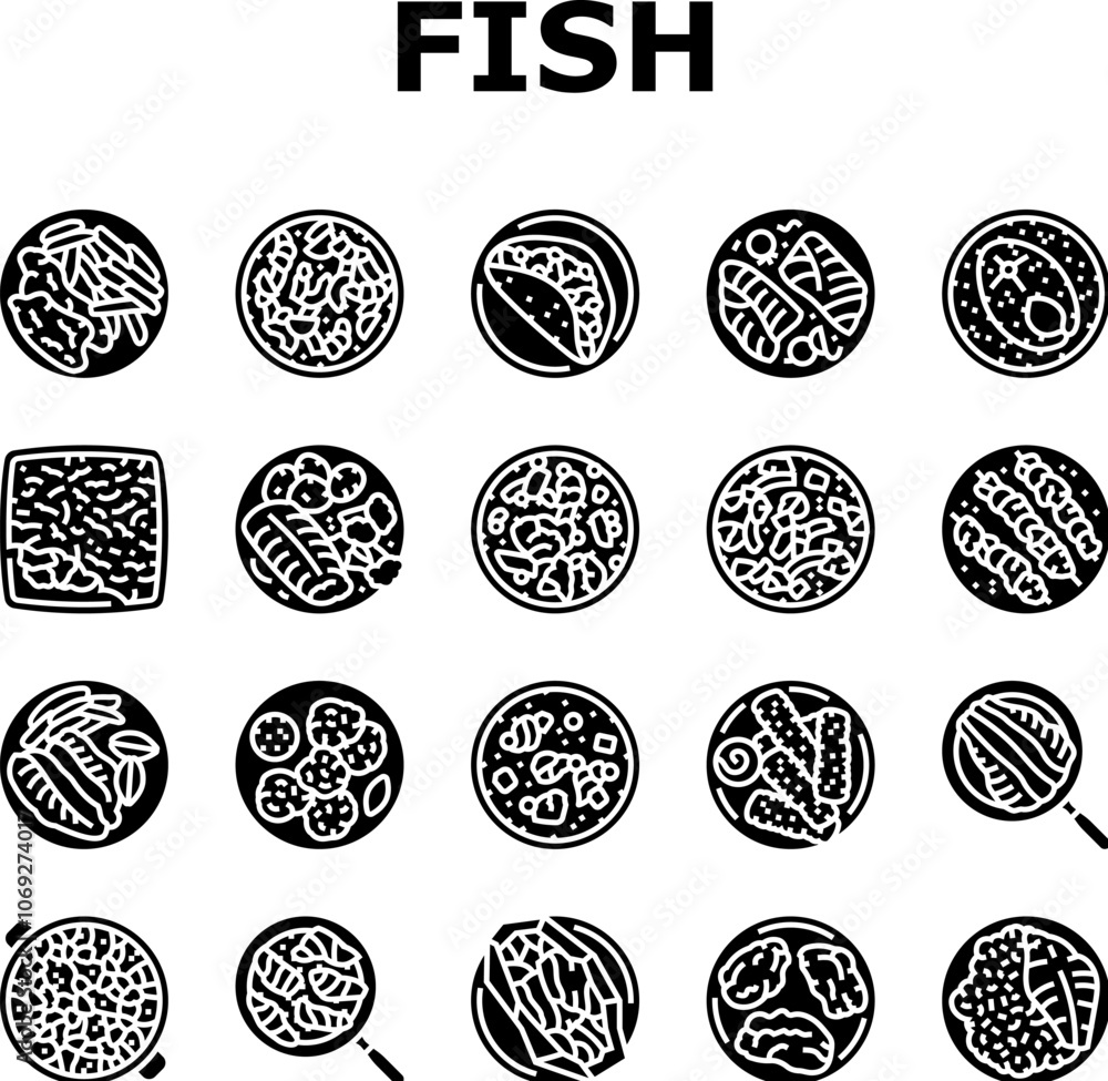 fish dishes icons set vector. chips ceviche tacos baked cod curry pie poached soup stew kebabs blackened cakes fish dishes glyph pictogram Illustrations fish dishes icons set vector. chips ceviche tacos baked cod curry pie poached soup stew kebabs blackened cakes fish dishes glyph pictogram Illustrations