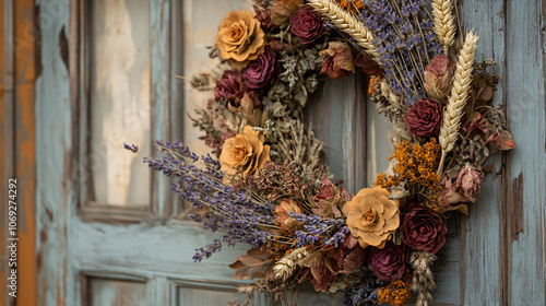 Fototapeta Naklejka Na Ścianę i Meble -  A charming fall wreath with wheat, dried roses, and lavender.