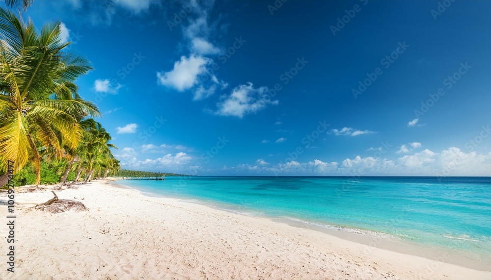 Beautiful tropical beach with palm trees, sunset beach seascape, design template for travel banner. Beautiful tropical beach with palm trees, sunset beach seascape, design template for travel banner.