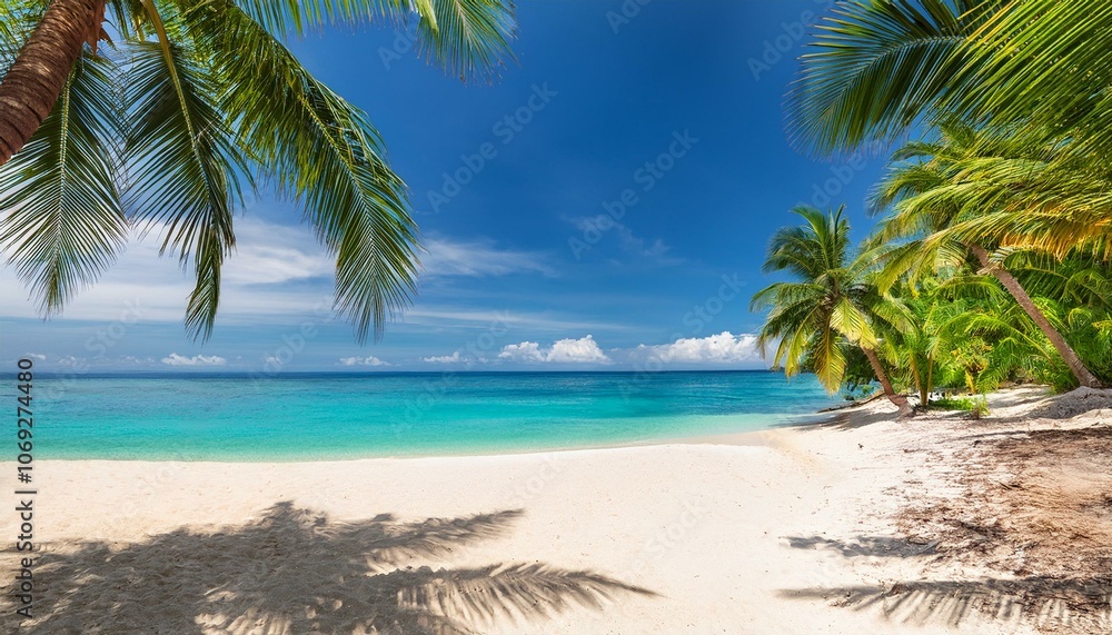 Beautiful tropical beach with palm trees, sunset beach seascape, design template for travel banner. Beautiful tropical beach with palm trees, sunset beach seascape, design template for travel banner.