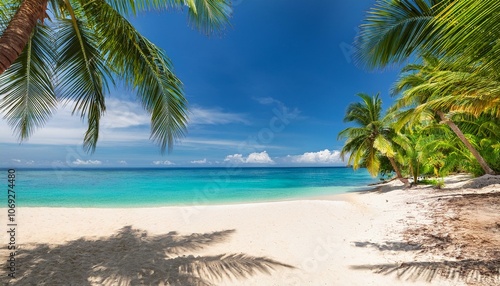 Beautiful tropical beach with palm trees, sunset beach seascape, design template for travel banner.