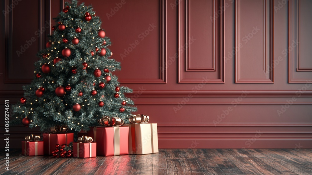 Decorated Christmas tree with presents against a burgundy wall. Decorated Christmas tree with presents against a burgundy wall.