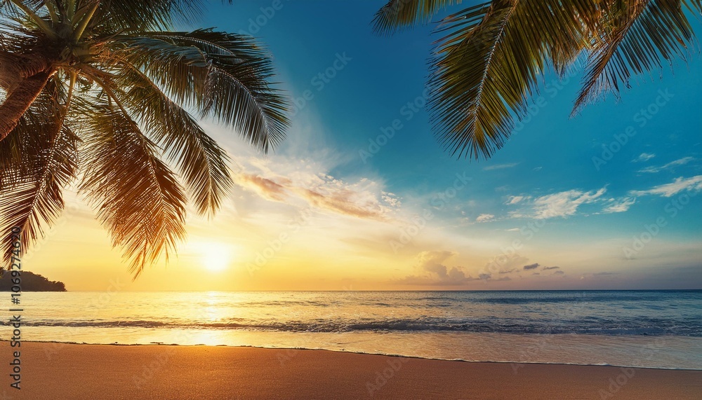 Beautiful tropical beach with palm trees, sunset beach seascape, design template for travel banner. Beautiful tropical beach with palm trees, sunset beach seascape, design template for travel banner.
