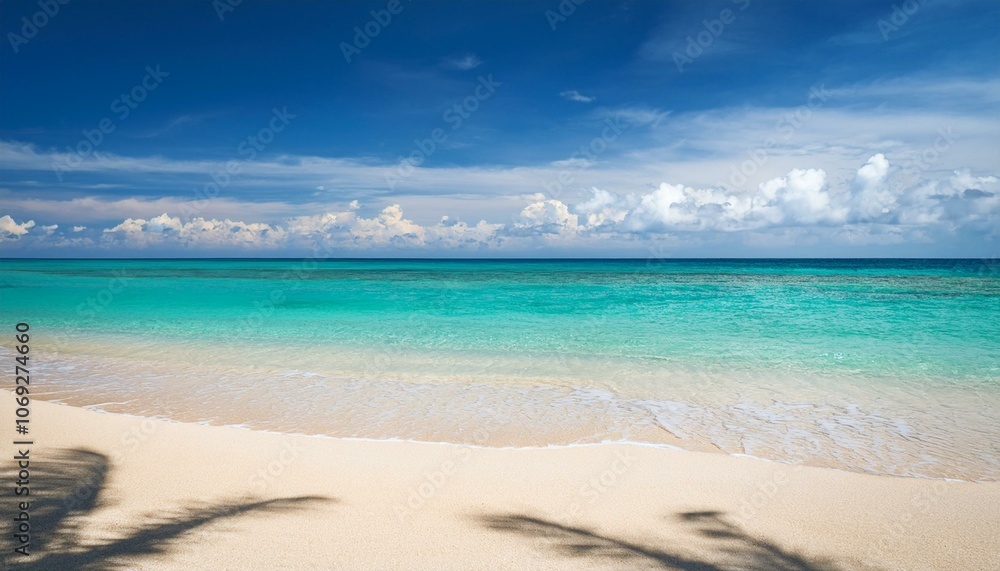 Obraz premium Beautiful tropical beach with palm trees, sunset beach seascape, design template for travel banner.