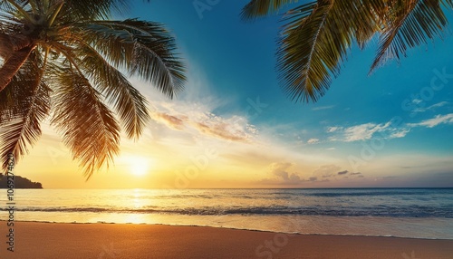 Beautiful tropical beach with palm trees, sunset beach seascape, design template for travel banner.