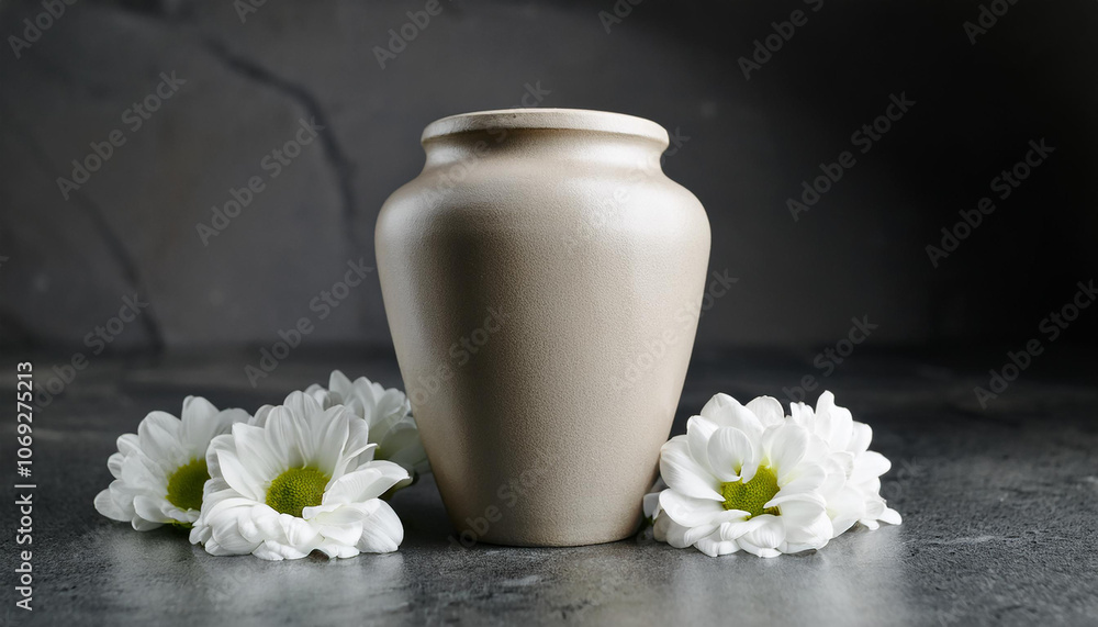 Minimalistic urn with ashes and white flowers on marble surface, dark backdrop. Funeral concept. Minimalistic urn with ashes and white flowers on marble surface, dark backdrop. Funeral concept.