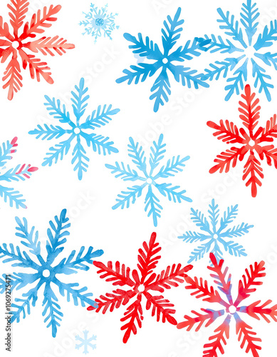 Set of watercolor snowflakes isolated on white. Christmas winter holiday symbol in a watercolor style . Aquarelle xmas card for background, texture, wrapper pattern, frame or border, blurry foregrou photo