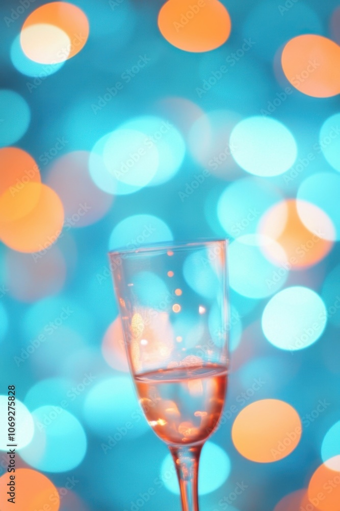 Sparkling champagne glass against a vibrant blue and orange bokeh background Sparkling champagne glass against a vibrant blue and orange bokeh background