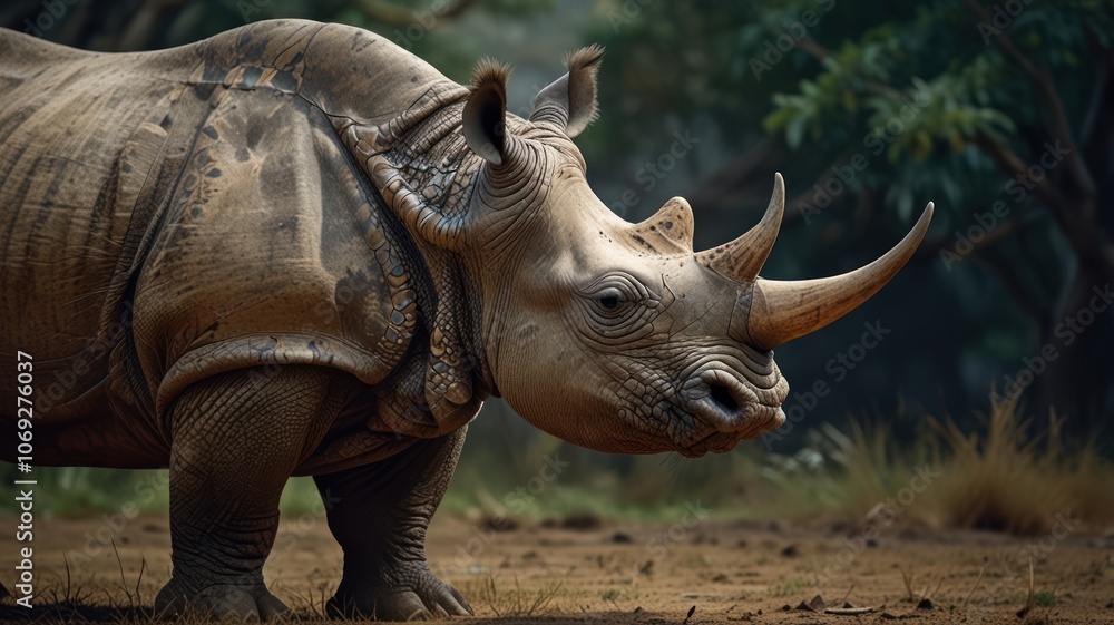 Obraz premium a Greater One-horned Rhinoceros, standing tall in a lush, green forest. Its thick, gray skin, prominent horn, and powerful build are captured in stunning detail.
