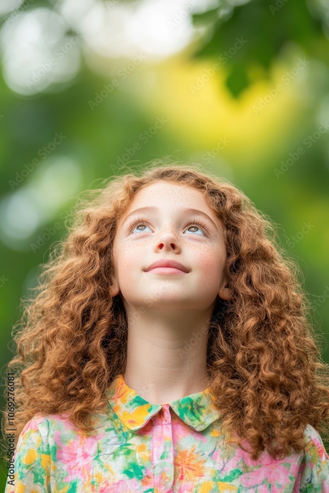 Dreaming young girl with curly hair looking up in nature Dreaming young girl with curly hair looking up in nature
